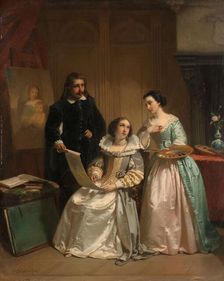 Gerard van Honthorst Showing the Drawings of his Pupil Louise of Bohemia to Amalia van Solms, 1854. Creator: Hendrick Jacobus Scholten