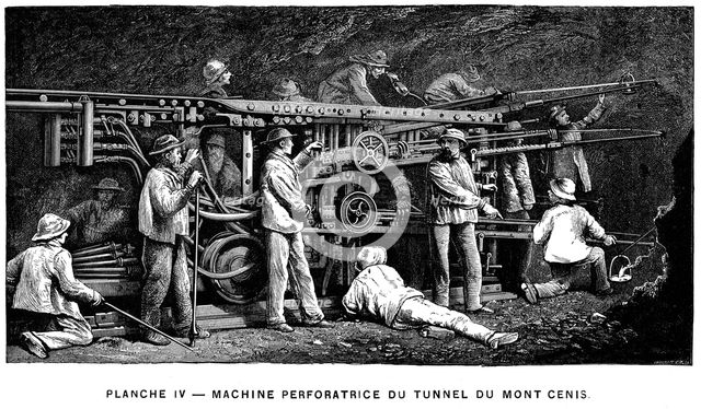 Germain Sommeiller's compressed air rock drill used in excavation of the Mont Cenis Tunnel, 1874. Artist: Unknown