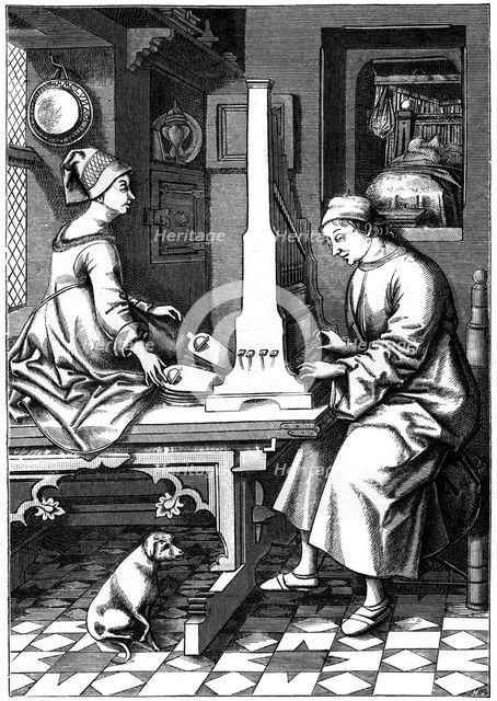 German musician executing a piece of music upon a portable organ, 15th century, (1870).Artist: Israel van Mecken
