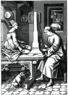 German musician executing a piece of music upon a portable organ, 15th century, (1870).Artist: Israel van Mecken