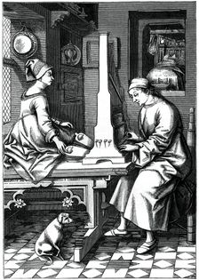 German musician executing a piece of music upon a portable organ, 15th century, (1870).Artist: Israel van Mecken