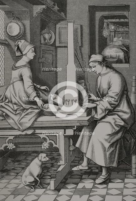 German musician executing a piece of music upon a portable organ, 15th century (1877).  Creator: Unknown.