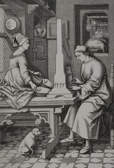 German musician executing a piece of music upon a portable organ, 15th century (1877). Creator: Unknown