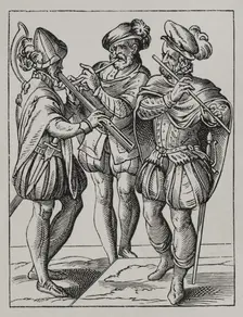 German musicians playing on the flute and goat's horn, 16th century (1877). Creator: Jost Ammon
