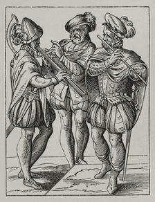 German musicians playing on the flute and goat's horn, 16th century (1877). Creator: Jost Ammon