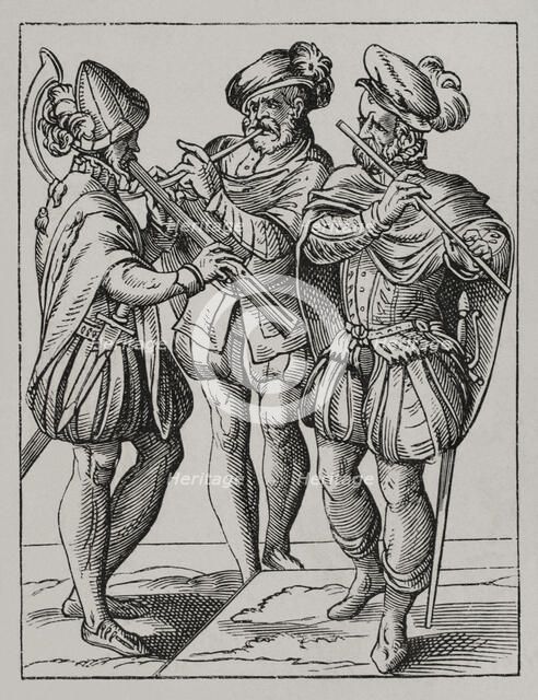 German musicians playing on the flute and goat's horn, 16th century (1877). Creator: Jost Ammon.