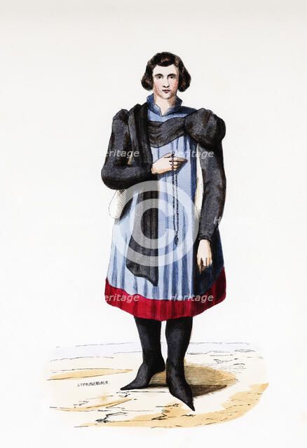 German man, Middle Ages, colored engraving.