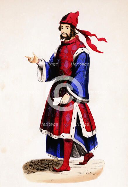 German nobleman from the Middle Ages, colored engraving.