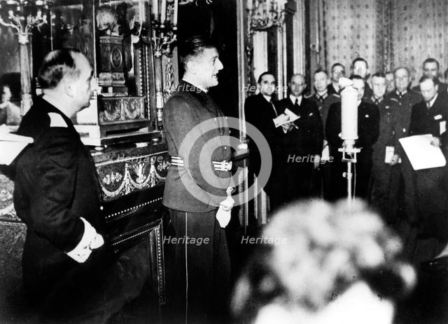 German Ambassador to Vichy France, Otto Abetz, delivering a press conference, 15 December 1940. Artist: Unknown