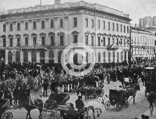 'German and Austrian prisoners being marched through the streets of Petrograd', 1915. Artist: Unknown.