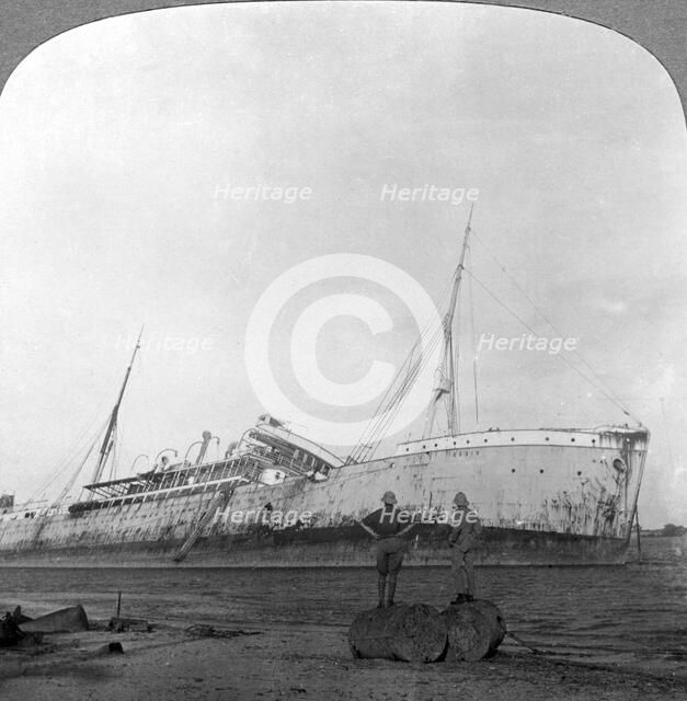 German cruiser sunk off Dar es Salaam, Tanzania, World War I, 1914-1918.Artist: Realistic Travels Publishers