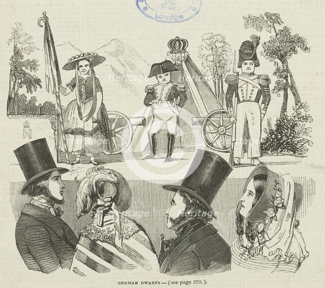 German Dwarfs at exhibition at the Egyptian Hall, 1844. Creator: Unknown.