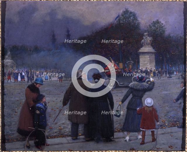German flag carried to the Invalides, c1914. Creator: Jean Beraud.