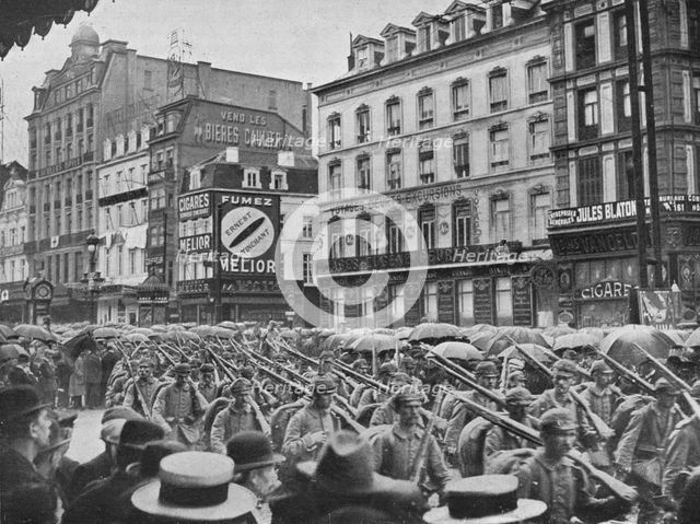 'German infantry entering Brussels in the rain', 1914. Artist: Unknown.