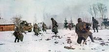 German infantrymen following a tank towards Moscow in the snow, Russia, 1941
