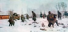 German infantrymen following a tank towards Moscow in the snow, Russia, 1941