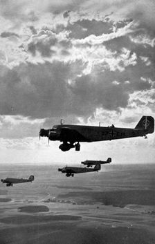 German Luftwaffe Junkers Ju 52 bombers flying over Nuremberg, Germany, 1936