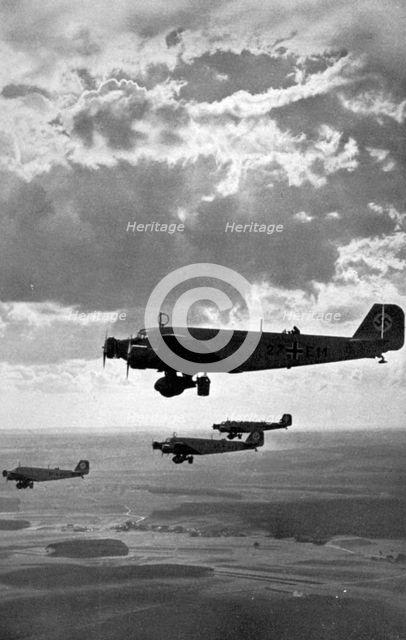 German Luftwaffe Junkers Ju 52 bombers flying over Nuremberg, Germany, 1936. Artist: Unknown