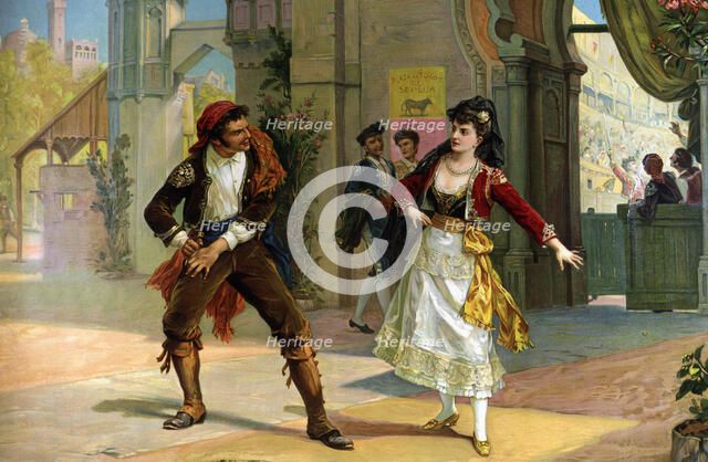 German Lithograph, 1900, drawing by Luigi Morgani with a scene from the opera 'Carmen' by Georges…