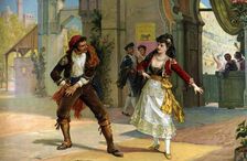 German Lithograph, 1900, drawing by Luigi Morgani with a scene from the opera Carmen by Georges…