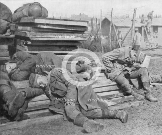 German prisoners asleep after the battle at Plessis-de-Roye, Picardy, France, 30 March 1918. Artist: Unknown