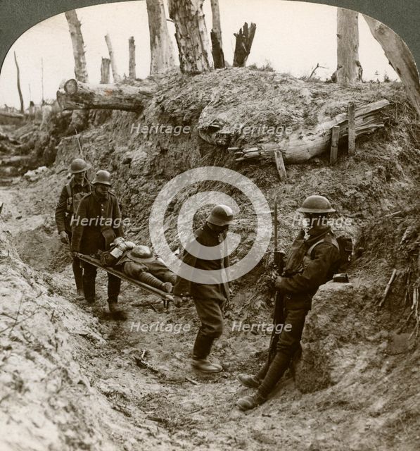 German prisoners carrying British wounded, World War I, 1916.Artist: Realistic Travels Publishers