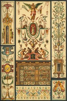 German Renaissance ceiling and wall painting, wood mosaic and embroidery, (1898). Creator: Unknown