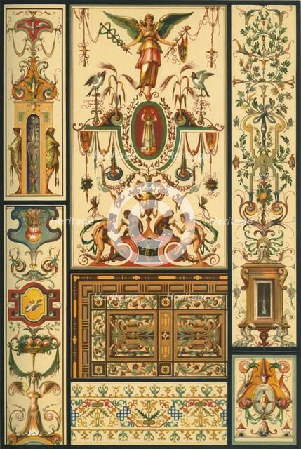 German Renaissance ceiling and wall painting, wood mosaic and embroidery, (1898). Creator: Unknown.