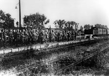 German soldiers on a railway platform awaiting transport, France, August 1940