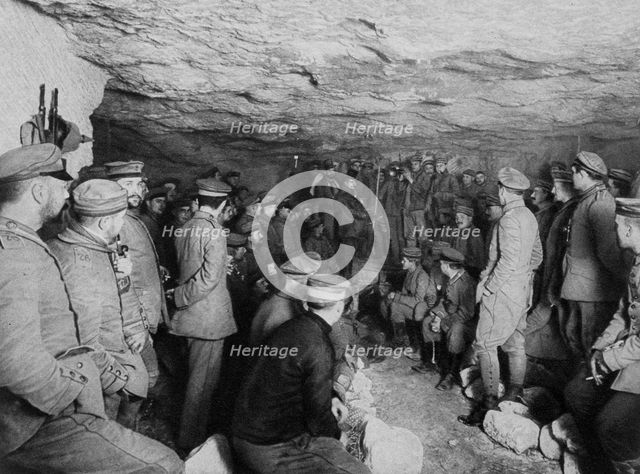 German soldiers at a concert in a cave, France, World War I, 1915. Artist: Unknown