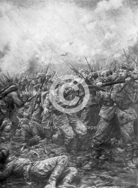 'German soldiers under fire from allied guns', Flanders, World War I, 1914, (1926).Artist: J Simont