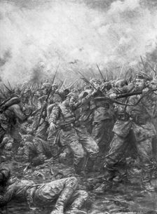German soldiers under fire from allied guns Flanders, World War I, 1914, (1926).Artist: J Simont