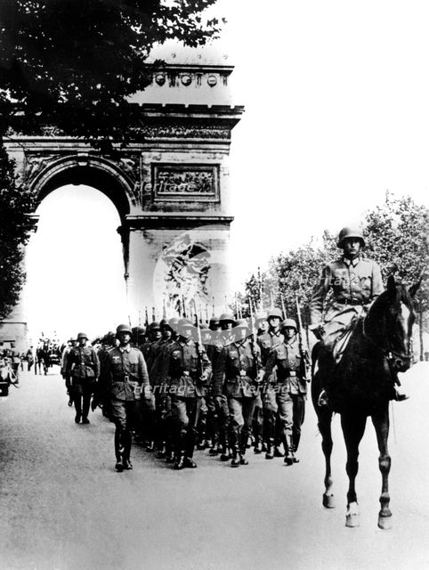 German troops marching on the Champs Elysees, Paris, 14 June 1940. Artist: Unknown