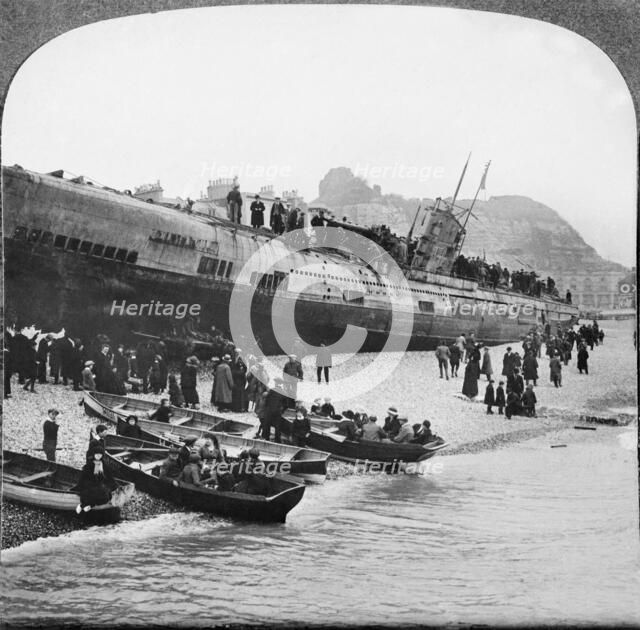 German U-boat U-118 aground on Hastings Beach, Sussex, 1919. Artist: Unknown.