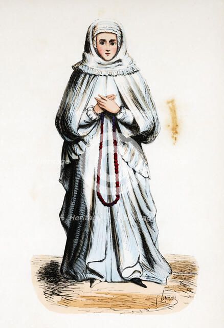German woman from the Middle Ages, colored engraving.