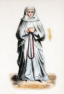 German woman from the Middle Ages, colored engraving