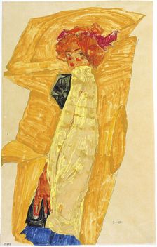 Gerti in front of Ochre-Colored Drapery, 1910. Creator: Schiele, Egon (1890-1918)