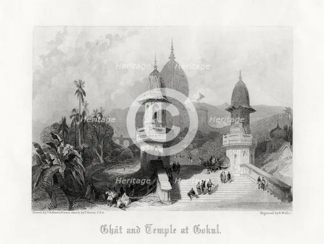 'Ghat and Temple at Gokul', India, c1838.Artist: R Wallis