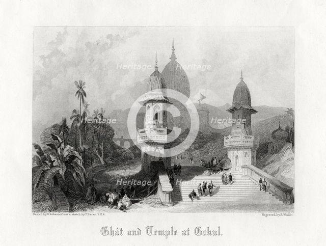 'Ghat and Temple at Gokul', India, c1838.Artist: R Wallis