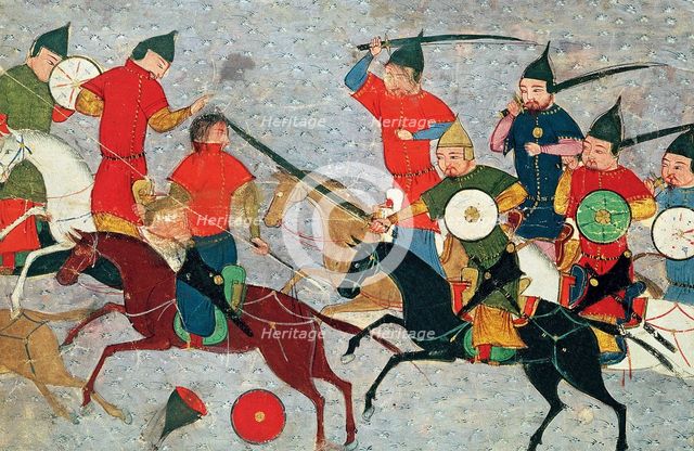 Ghenghis Khan in combat. Miniature from Jami' al-tawarikh (Universal History), ca 1430. Artist: Anonymous  