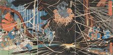 Ghost of Akugenda Yoshihira Attacking Nanba Jiro at Nunobiki Waterfall, ca 1825. Creator: Kuniyoshi, Utagawa (1797-1861)