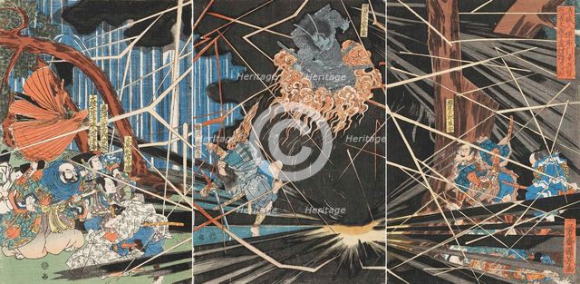 Ghost of Akugenda Yoshihira Attacking Nanba Jiro at Nunobiki Waterfall, ca 1825. Creator: Kuniyoshi, Utagawa (1797-1861).