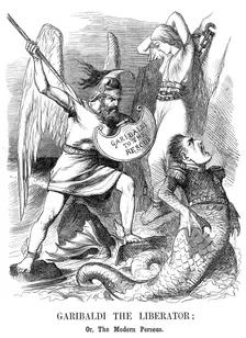 Giuseppe Garibaldi, conquering Sicily and Naples for the new kingdom of Italy, 1860. Artist: John Tenniel