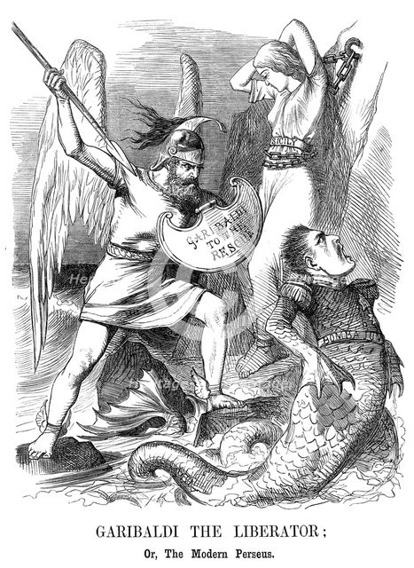 Giuseppe Garibaldi, conquering Sicily and Naples for the new kingdom of Italy, 1860. Artist: John Tenniel