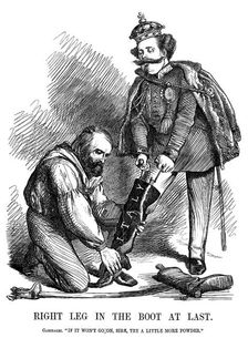 Giuseppe Garibaldi helping Victor Emmanuel II put on the boot of Italy, 1860