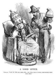 Giuseppe Garibaldi trying to persuade Pope Pius IX, 1860. Artist: John Tenniel