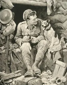 "Give Her My Love!" Tommy and His Canine Friend 1917. Creator: Stanley Llewellyn Wood