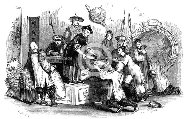 'Giving out corn to the people, during a season of scarcity, 1847'. Artist: Evans