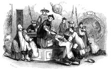 Giving out corn to the people, during a season of scarcity, 1847 Artist: Evans