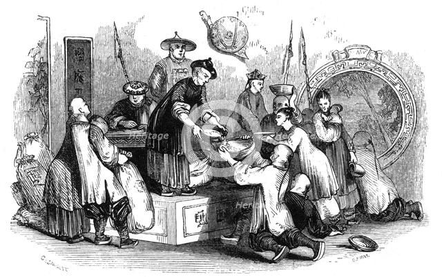 'Giving out corn to the people, during a season of scarcity, 1847'. Artist: Evans